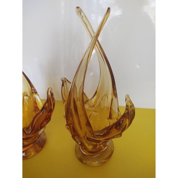 Vintage Chalet Canada Art Glass Vases Amber/Orange set of 2 1960's 11" - Picture 5 of 16